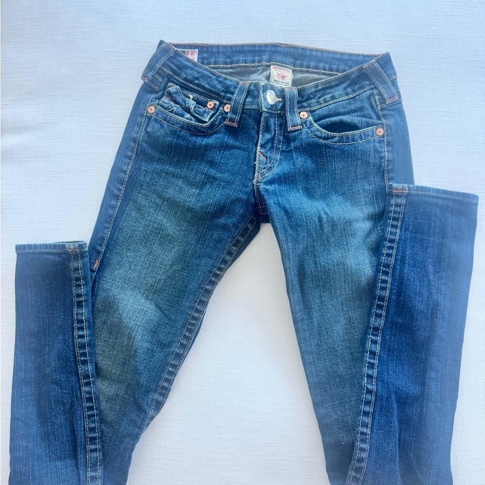 True Religion Women's Dark Blue Skinny Jeans with Signature Pocket Flap size 28